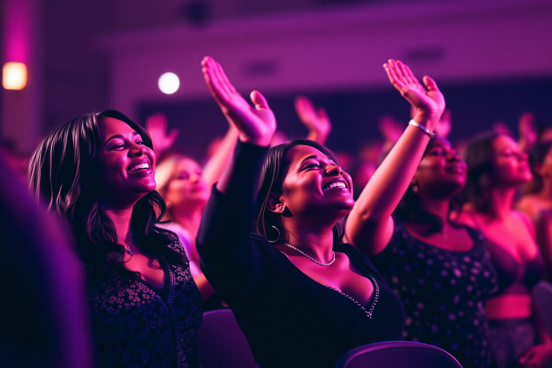 Women worshipping with hands raised at conference